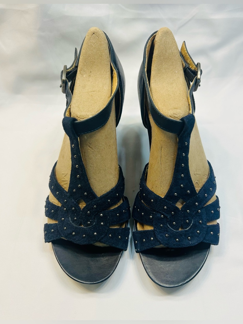 Michelle D Navy Suede Studded T-Strap Sandals